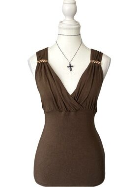 Y2K “Moonlight Bay” Brown Beaded V-Neck Tank Top